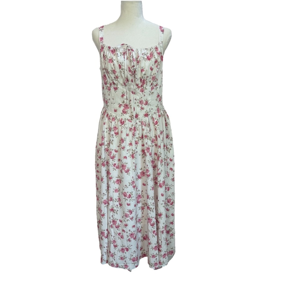 Scarlet Darkness Pink White Floral Milkmaid Midiโ Sundress Smocked Ruffle L